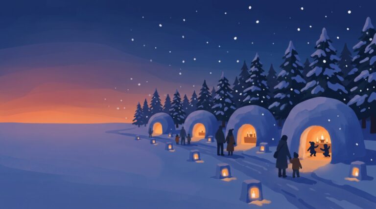 夜の雪原に灯るかまくらのイメージイラスト