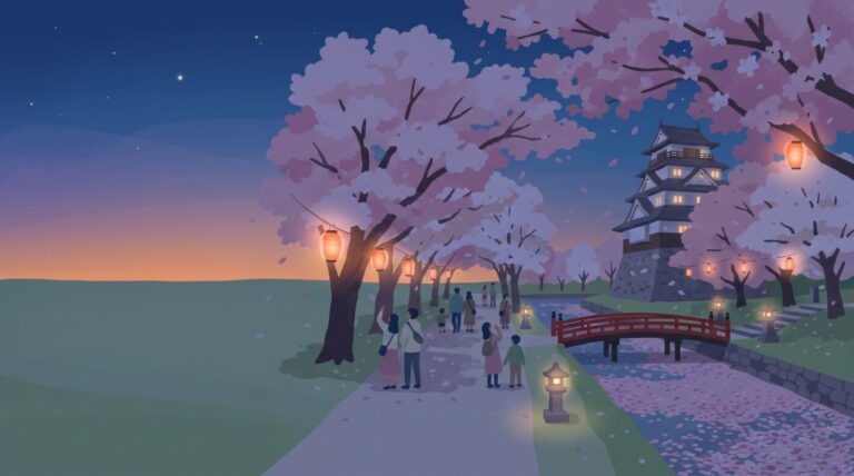 夜桜の並木と城と赤い橋のイメージイラスト