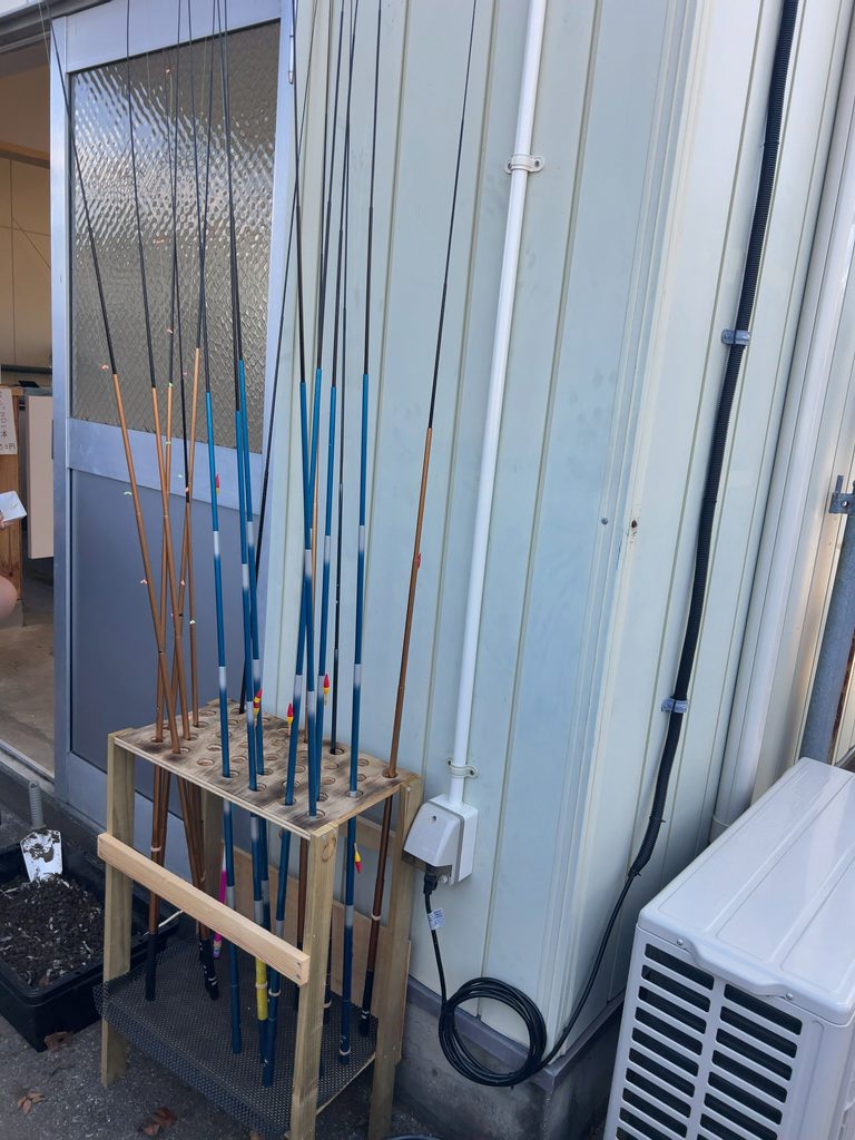 木製の竿立てに並ぶレンタル用の釣り竿