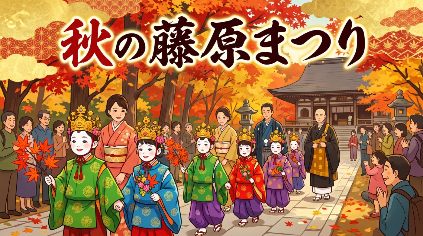 秋の藤原まつりのイメージ。紅葉の中を稚児行列が進む