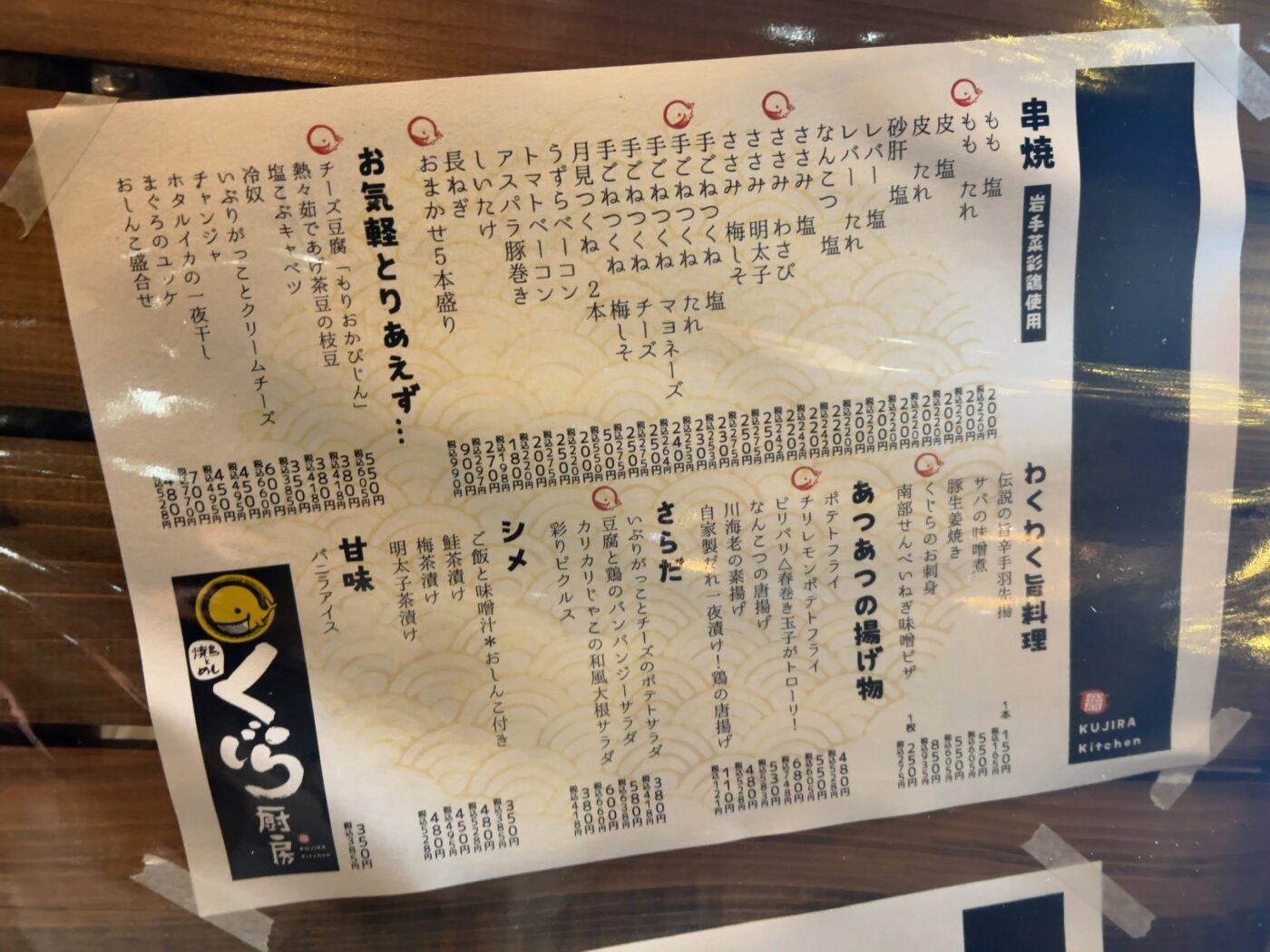 くじら厨房の店頭メニュー。串焼、おつまみ、揚げ物、さらだ、シメなど