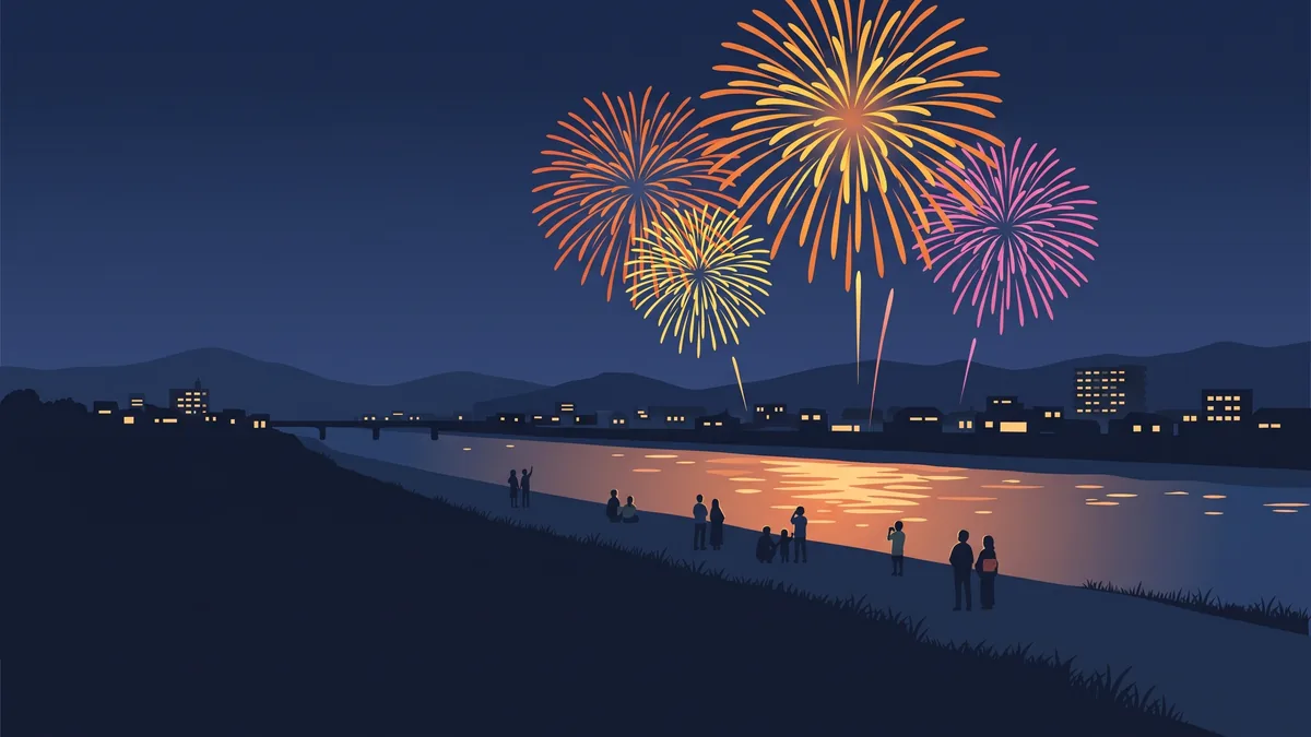 夜の川辺で花火を見上げる人々のイメージイラスト
